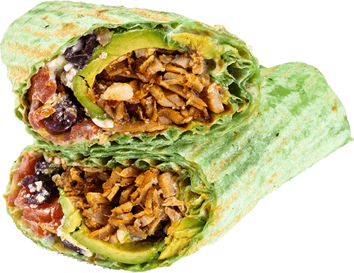 Halal keto wrap with chicken, avocado, and spinach tortilla