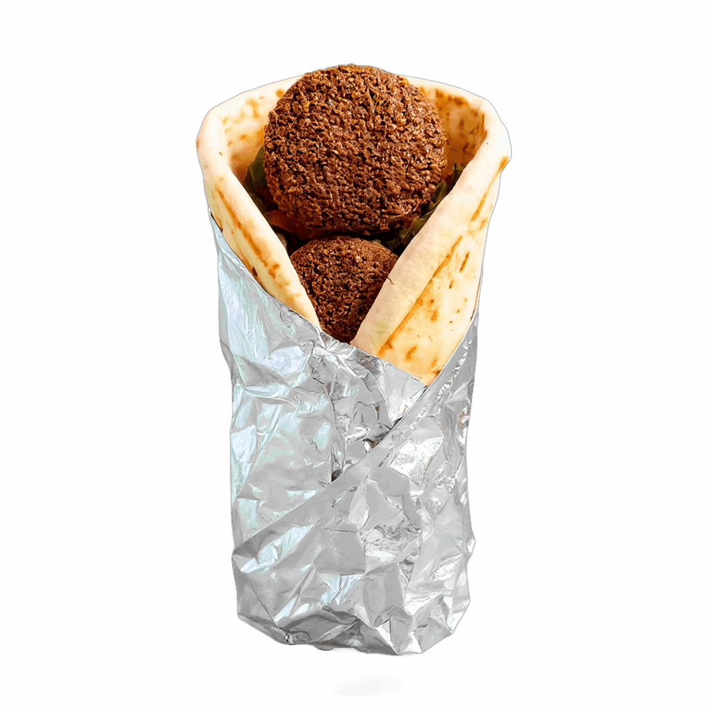 Halal pita falafel made with crispy chickpea falafel and fresh vegetables