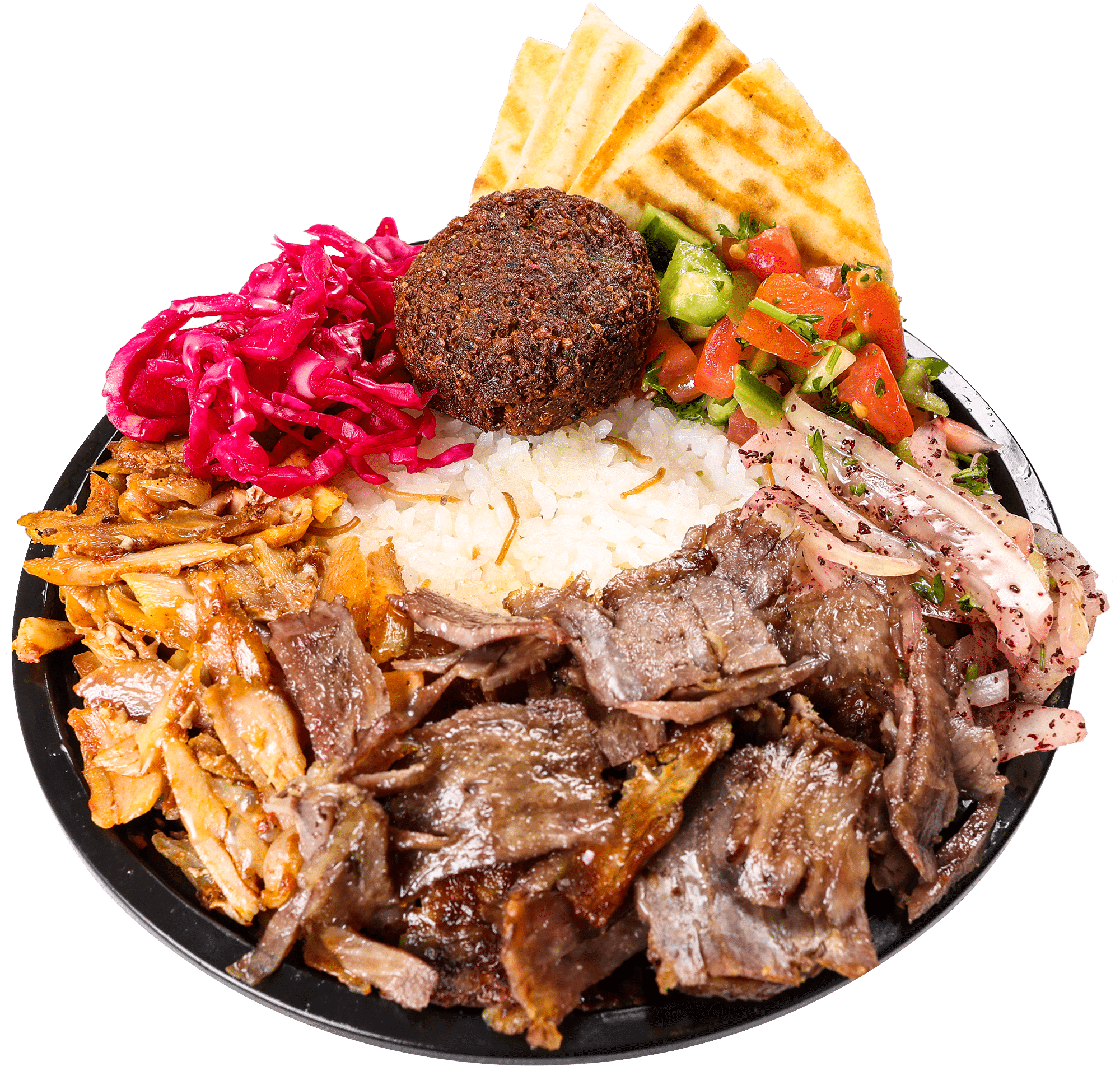 Halal Istanbowl with beef and chicken döner, rice, falafel, and fresh vegetables