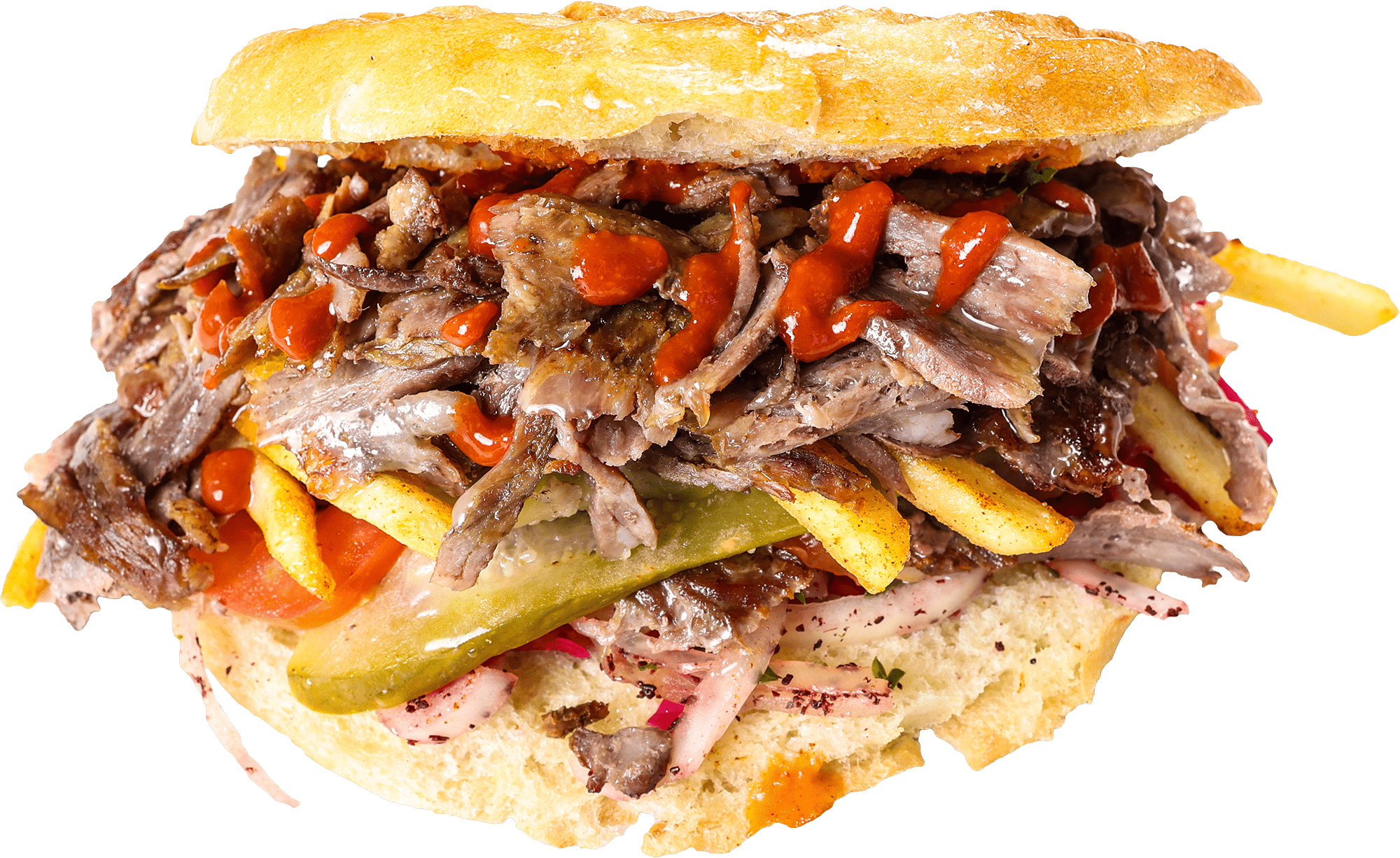 Original fladenbrot sandwich with beef döner, fries, and house sauce