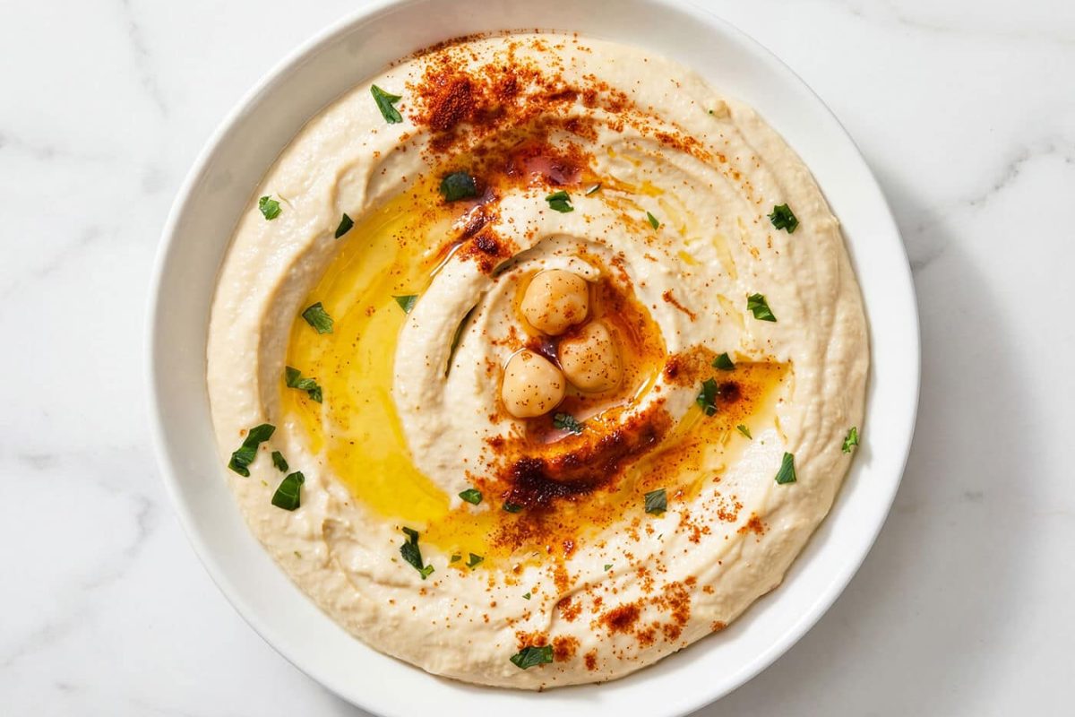 baba ganoush dip with olive oil, paprika, and chickpeas on top in a white bowl