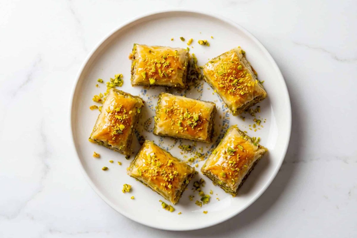 homemade baklava with pistachios and honey syrup on a white plate