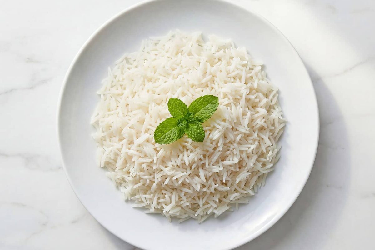 fluffy basmati rice served on a white plate with fresh herbs on top