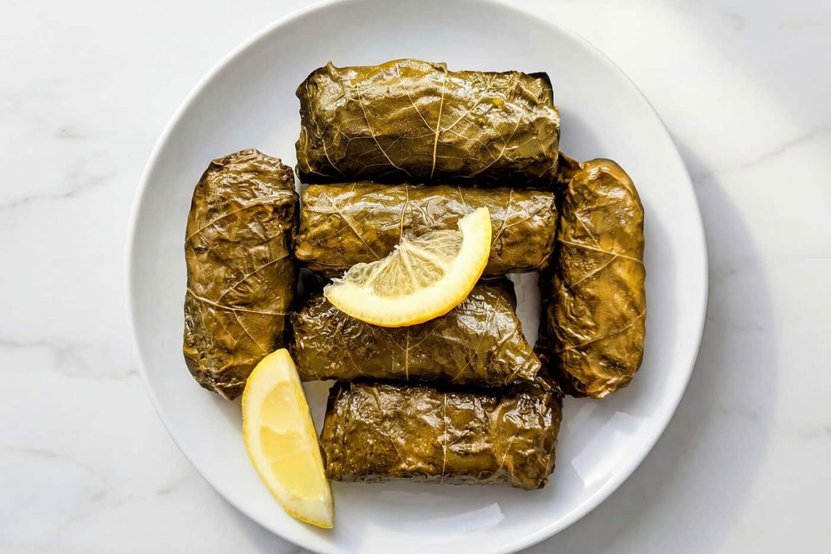 dolmas stuffed grape leaves with rice filling served with lemon slices on a white plate