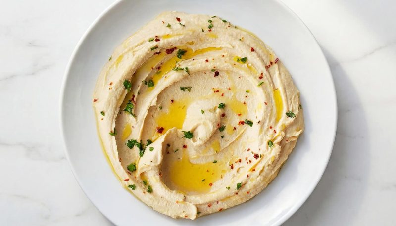 creamy hummus with olive oil, herbs, and spices served in a white bowl