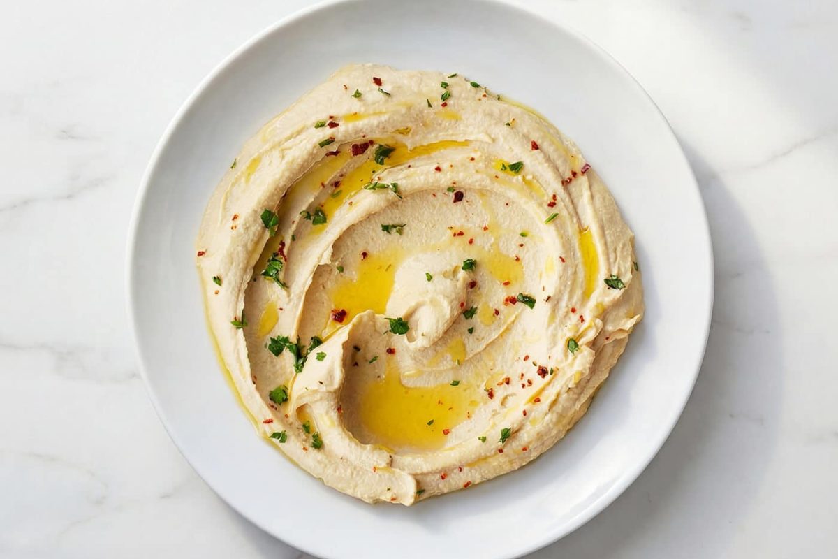 creamy hummus with olive oil, herbs, and spices served in a white bowl